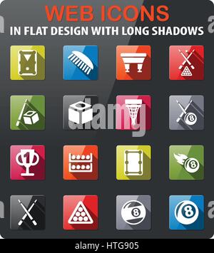 Billard-Symbole im flat Design mit langen Schatten setzen Stock Vektor