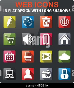 Blog-Symbole im flat Design mit langen Schatten setzen Stock Vektor