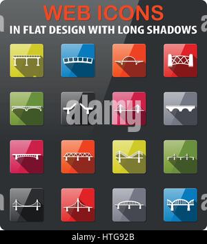 Brücken-Symbole im flat Design mit langen Schatten setzen Stock Vektor