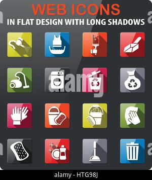 Reinigungsset Symbole im flat Design mit langen Schatten Stock Vektor