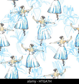 Nahtlose Muster der Ballett-Tänzer und Lilien, schwarz und Silber Zeichnung, Aquarell, isoliert auf weißem Hintergrund. Stoff Textur. Tapete. Stockfoto