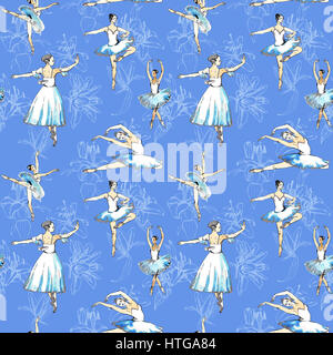 Nahtlose Muster der Balletttänzer und weißen Lilien, Schwarz und Silber Zeichnung, Aquarell Malerei, auf hellblauem Hintergrund isoliert. Fabric Textur, Stockfoto