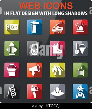Feuerwehr-Symbole im flat Design mit langen Schatten setzen Stock Vektor