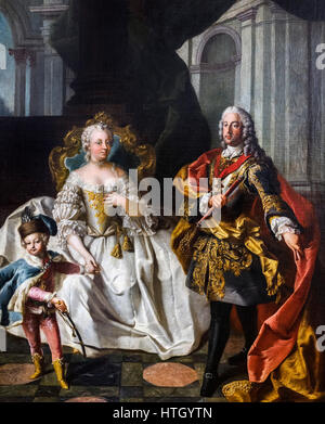 Die Kaiserin Maria Theresa (Maria Theresia Walburga Amalia Christina - 1717-1780) mit ihrem Mann, Franz Stephan, und Sohn, Kronprinz Joseph von Franz Xavier Palcko. Stockfoto