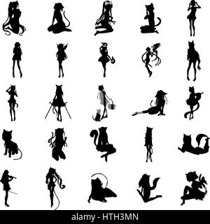 Anime Girl Silhouette Satz Stock Vektor