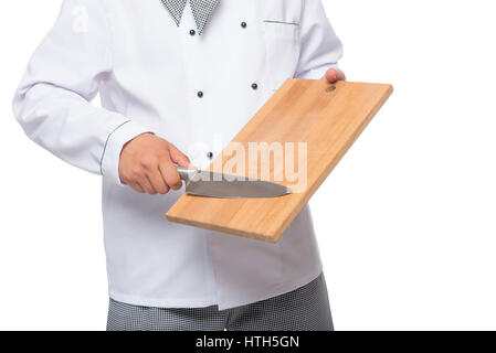 Köche Hände Schneidebrett mit einem scharfen Messer Nahaufnahme Stockfoto