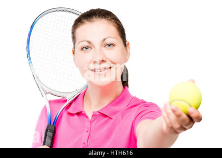 Porträt eines jungen Mädchens mit dem Tennisspielen auf einem weißen Hintergrund isoliert Stockfoto