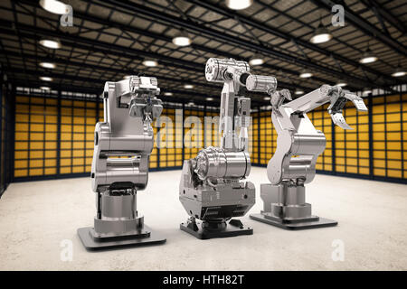 3D-Rendering drei Roboter Arme in einer Reihe Stockfoto