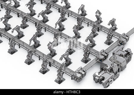Automatisierungskonzept Industrie mit 3d Rendering Roboterarme mit Förderstrecken Stockfoto