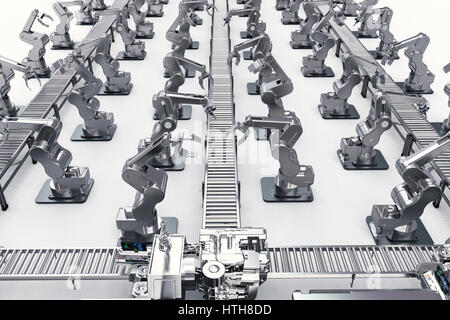 Automatisierungskonzept Industrie mit 3d Rendering Roboterarme mit Förderstrecken Stockfoto