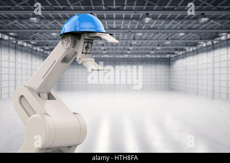 Wartungskonzept Ingenieur mit 3d Rendering Roboterarm mit Schutzhelm Stockfoto