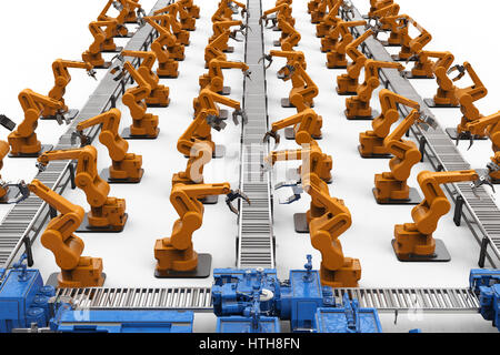 Automatisierungskonzept Industrie mit 3d Rendering Roboterarme mit Förderstrecken Stockfoto