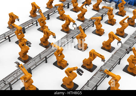 Automatisierungskonzept Industrie mit 3d Rendering Roboterarme mit Förderstrecken Stockfoto
