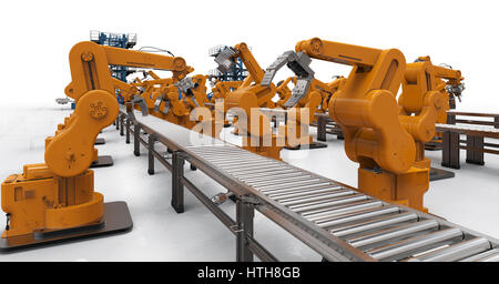 Automatisierungskonzept Industrie mit 3d Rendering Roboterarme mit Förderstrecken Stockfoto