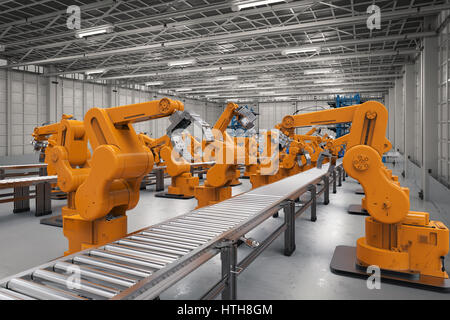 Automatisierungskonzept Industrie mit 3d Rendering Roboterarme mit Förderstrecken Stockfoto