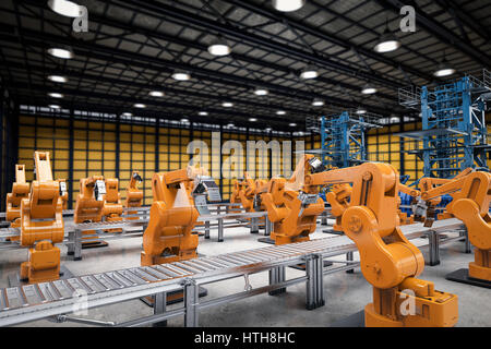 Automatisierungskonzept Industrie mit 3d Rendering Roboterarme mit Förderstrecken Stockfoto
