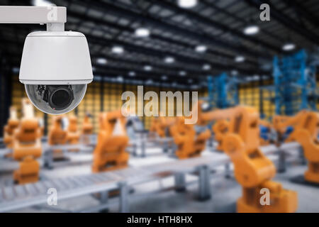 3D Rendering-Sicherheits-Kamera oder Überwachungskamera in Fabrik Stockfoto