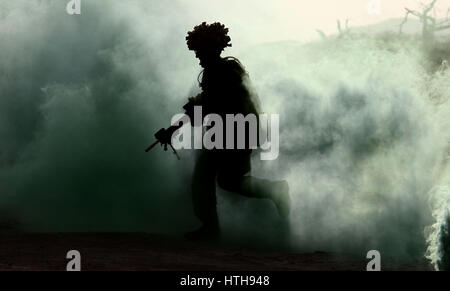 Sperrfrist, 0001 Montag März 13 zuvor bedingtes Foto vom 03.05.17 eines Soldaten aus dem 2nd Battalion The Royal Regiment der Scotland(2SCOTS) läuft durch einen Rauch Schild während einer Route Clearance, wie diese Übung Askari Sturm in Archers Post in Nordkenia teilnehmen. Stockfoto