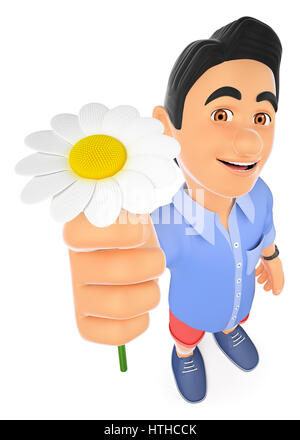 3D-Illustration junger Menschen. 3D Mann in kurzen Hosen mit ein Gänseblümchen. Frühling. Isolierten weißen Hintergrund. Stockfoto