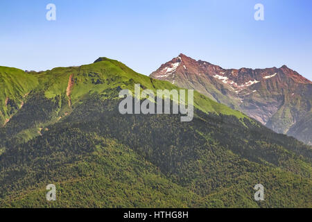 Berglandschaft: steile Berge mit Wäldern bedeckt, eine tiefe Schlucht entfernt auf den Berggipfeln Schnee zu bilden. Stockfoto