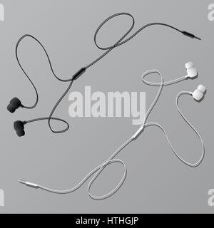 Vektor-Ohrhörer mit Stecker und Schalter Controller. Isolierte Objekte in weiß und schwarz. Flache Laien design Stock Vektor