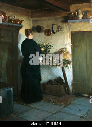 Viggo Johansen - Küche Interieur. Frau des Künstlers, die Vermittlung von Blumen - Google Art Project Stockfoto