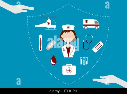 Krankenschwester Charakter und medizinische Symbole mit Händen und Schild symbolisiert Schutz. Krankenversicherung, Pflege, internationale Krankenschwester Tag, Gesundheitswesen Konzept Stock Vektor