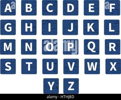Vektor Wort Puzzle-Spiel. Alphabet auf Holzfliesen, Vorderansicht. Weiße Symbole auf dunkelblauen Hintergrund Holz Stock Vektor