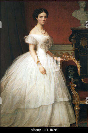 Ein Porträt der Prinzessin Dagmar von Dänemark, später als Maria Feodorowna von Russland bekannt, zeigt sie mit ihrem Hund, was ihre Eleganz und ihren königlichen Status symbolisiert. Das Gemälde unterstreicht ihre königliche Haltung und ihr ruhiges Verhalten. Stockfoto