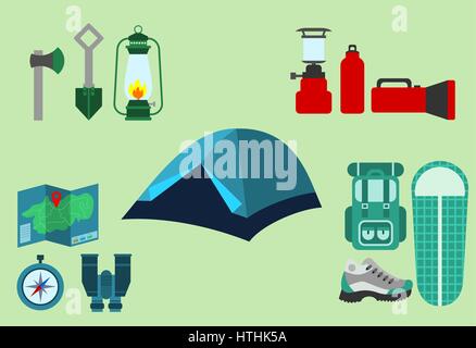 Camping Ausrüstung. Wandern Symbole. Outdoor- Ausrüstung und Zubehör. Camping Konzept. Zelt, Rucksack, wandern Schuh, Schlafsack, Taschenlampe, Karte, Kompass Stock Vektor
