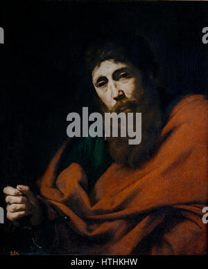 *San Pablo* von José de Ribera, untergebracht im Prado Museum, ist ein dramatisches barockes Porträt des Heiligen Paulus. Das Gemälde fängt die Intensität des heiligen mit markanten Kontrasten von Licht und Schatten ein, ein Zeichen für Riberas Beherrschung des barocken Realismus. Stockfoto