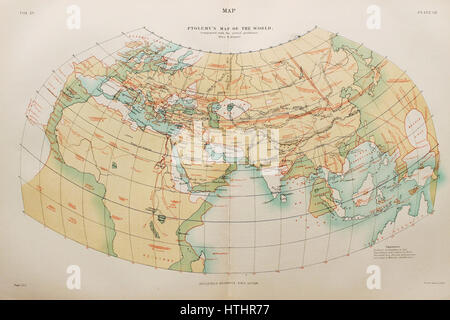 Diese historische Karte basiert auf dem Werk von Claudius Ptolemäus und ist aus dem EB9 Band XV. Eine Darstellung der Welt, die in der Antike bekannt ist. Sie spiegelt das geographische Wissen der Zeit wider und war in der Kartographie des Mittelalters und der Renaissance von großer Bedeutung. Stockfoto