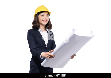 Portrait von Architekt Student Frau mit Blaupausen schützen tragen Helm Stockfoto