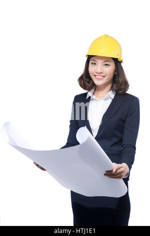 Portrait von Architekt Student Frau mit Blaupausen schützen tragen Helm Stockfoto