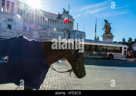 Rom, Italien - 31. Dezember 2016: Straße mit Wagen von Pferden vor der das Denkmal Vittorio Emanuele im historischen Zentrum von Rom, Italien Stockfoto