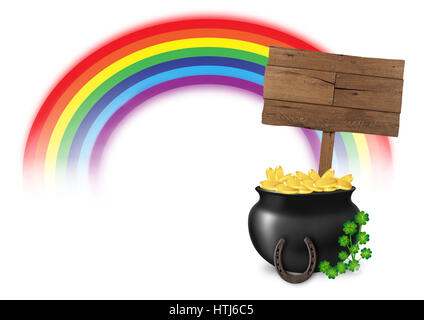 Illustration der Topf voll Gold am Ende des Regenbogens, mit Holzschild, Hufeisen und lucky Clover, isoliert auf weißem Hintergrund, Konzept von Reichtum und Glück Stockfoto