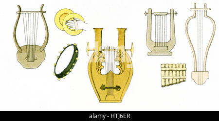 Die Abbildung hier zeigt Altgriechisch musikalische Instrumente, Inclding leiern, Becken, Tamburin und Panflöte. Die Abbildung stammt bis 1882. Stockfoto