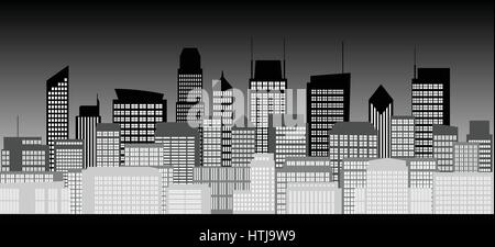 Gruppe der Hochhäuser in der Stadt in der Nacht in schwarz / weiß Stil Stock Vektor