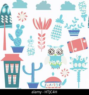 Reisen Eule Musterdesign. Es befindet sich im Menü "Swatch". Reise-Konzept-Vektor-Muster. Lustige Hintergrund für Textil-design Stock Vektor