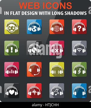 Kopfhörer-Symbole festlegen im flat Design mit langen Schatten Stock Vektor