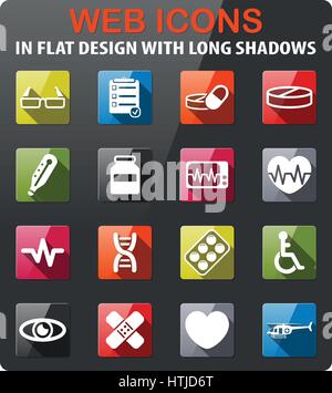 Medizinische Symbole, inmitten einer flachen Bauweise mit langen Schatten Stock Vektor