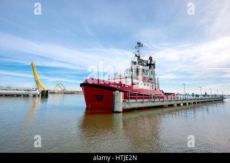 Die Schlepper Union 8 vertäut im Kanal Ghent-Terneuzen auf der Ebene der westlichen Sperre in Terneuzen Stockfoto