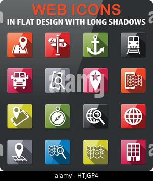 Transport Karte Navigationssymbole inmitten einer flachen Bauweise mit langen Schatten Stock Vektor