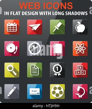 Schule-Symbole im flat Design mit langen Schatten setzen Stock Vektor