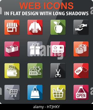 flache Bauform mit langen Schatten inmitten einkaufen Symbole Stock Vektor