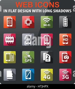 Smarthone specs Symbole festlegen im flat Design mit langen Schatten Stock Vektor