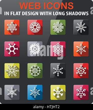 Schneeflocken im flat Design mit langen Schatten setzen Stock Vektor