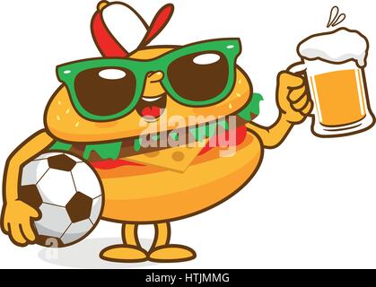 Cartoon-Hamburger mit einem Glas Bier und einem Fußball. Fast Food Burger Charakter mit Getränk. Vektorabbildung Stock Vektor