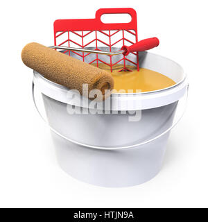 Farbeimer mit Walze auf weißem Hintergrund 3D-Rendering Stockfoto