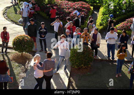 DA LAT, VIET NAM - JAN 1: Voll Szene in Dalat Blumenpark am Blumenfest im Frühling, Gruppe von Reisenden besuchen Naturgarten auf Urlaub, reine atmos Stockfoto